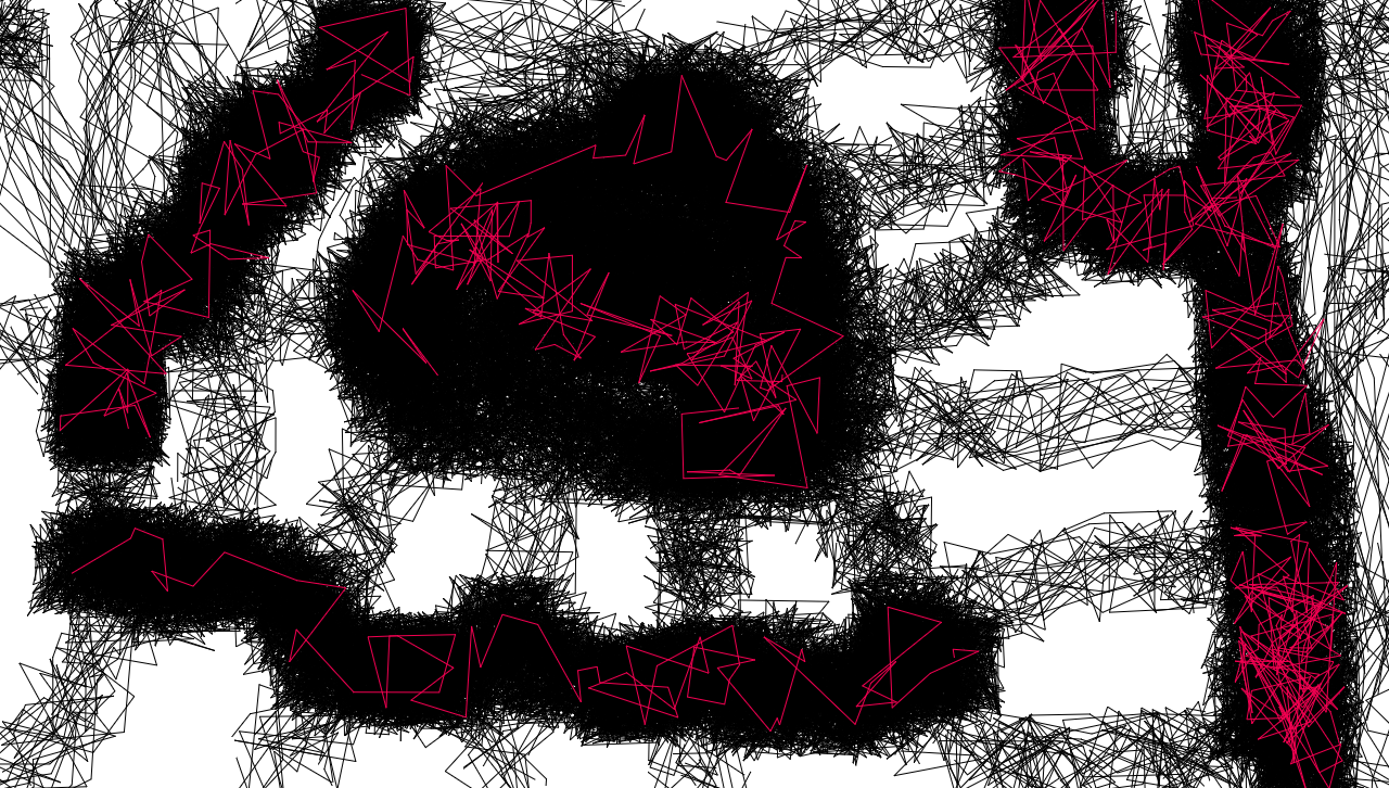 This is an image generated by the 'Experiments with Lines' drawing tool that I built. The image shows layered black and red lines that are chaotic yet controlled.