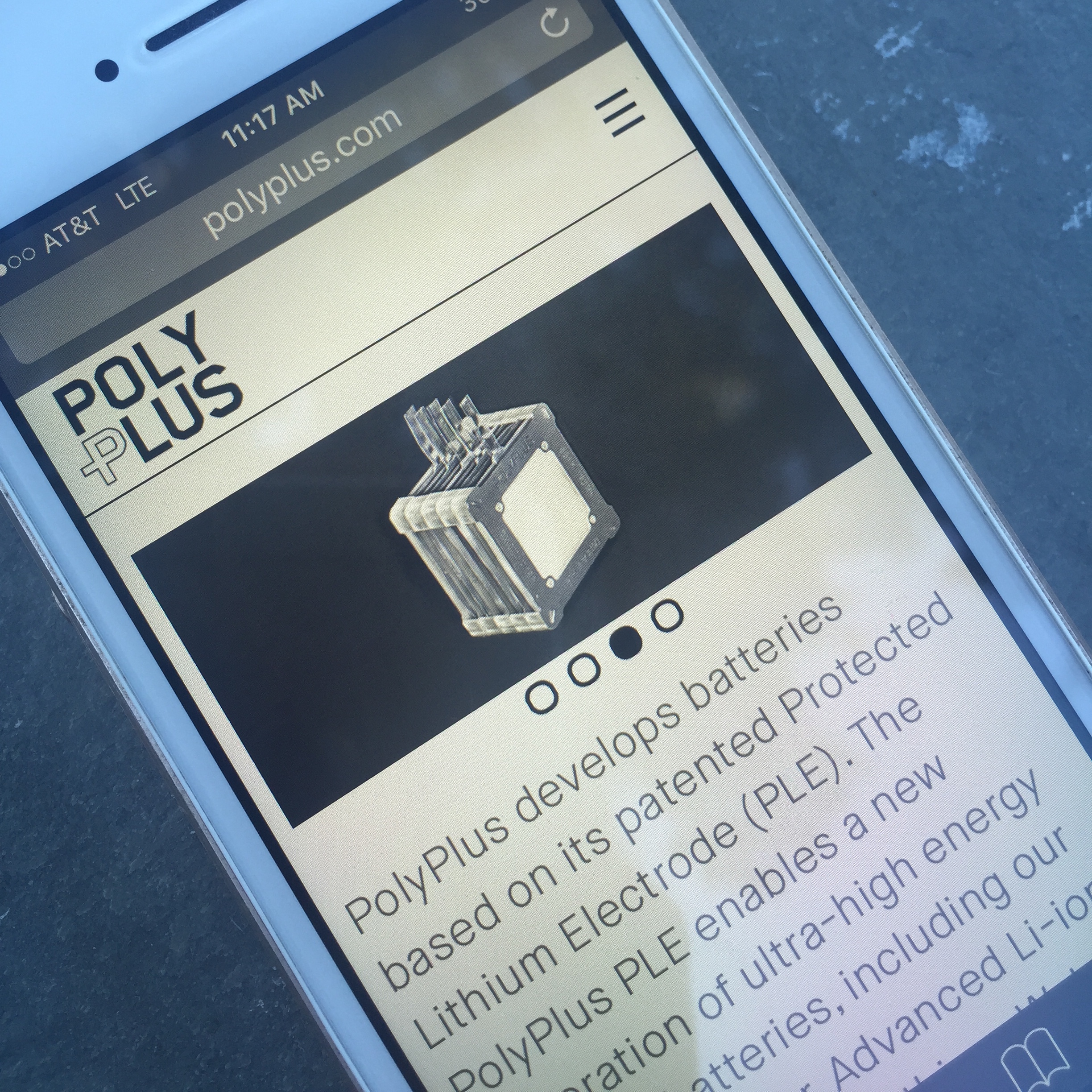 An image of Polyplus Battery Company's website being viewed on a cellphone.